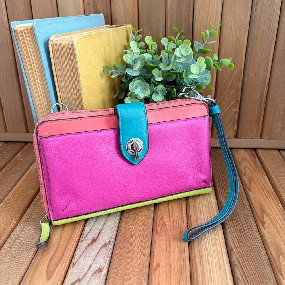 Ili New York Colorblock Leather RFID Zip Around Wallet Clutch, Neon Wristlet - Picture 2 of 9